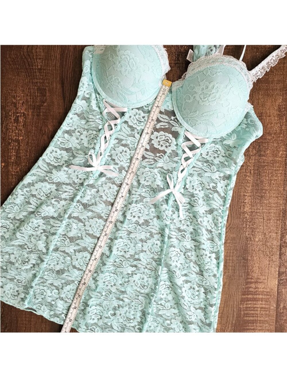 NEW! 2PC SET Cassandra Intimates Lace Babydoll + String Undies M Misty Teal Mint